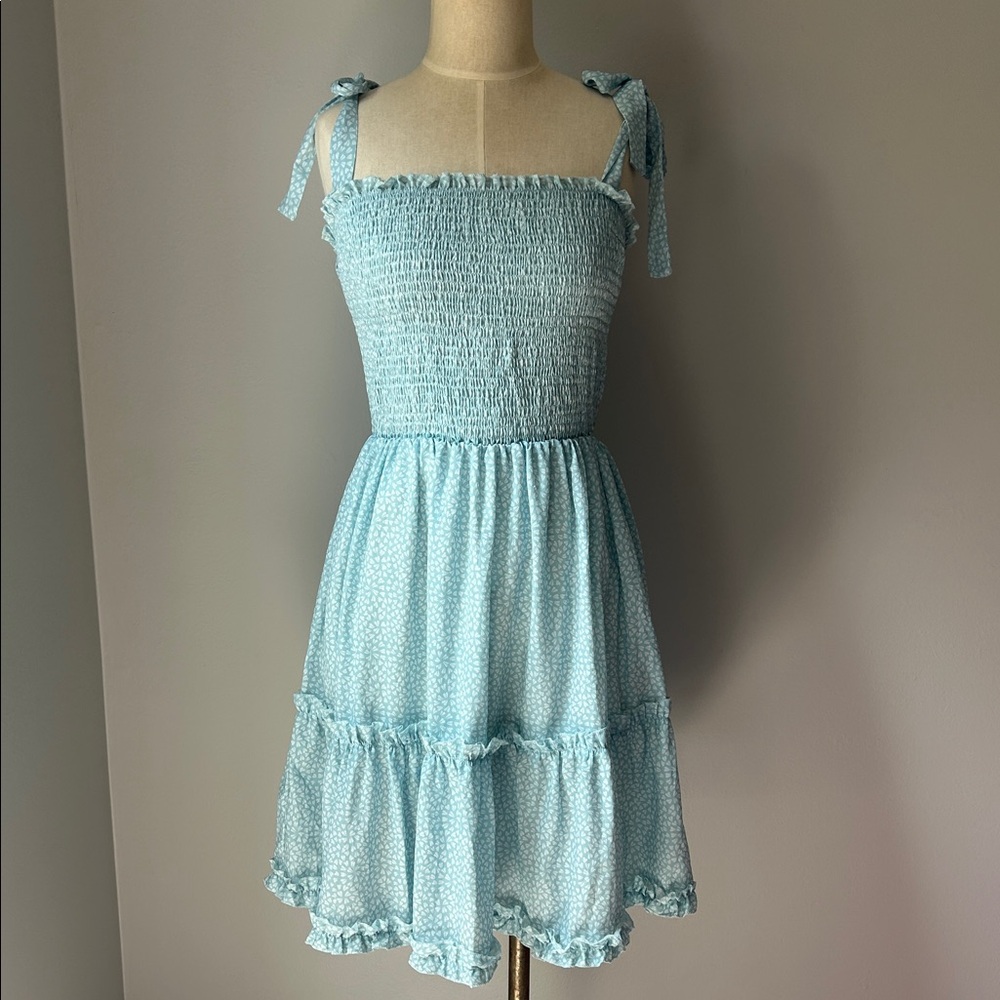 Turquoise Light Blue Smocked Sundress with Ruffle Hem